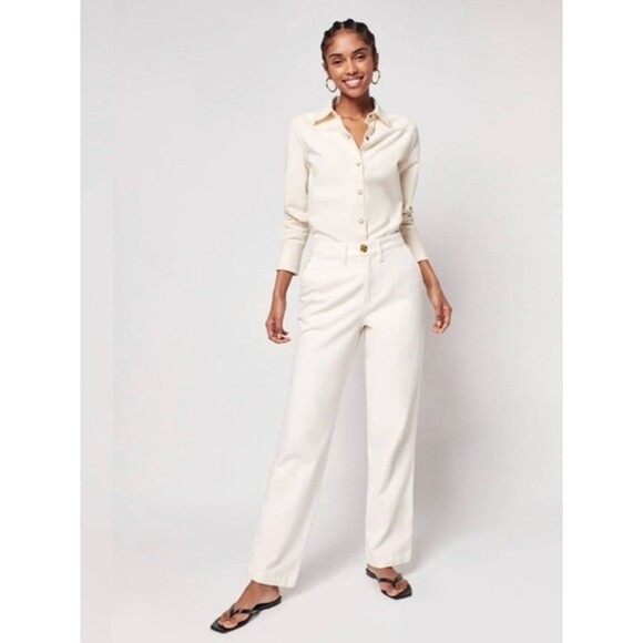 Faherty Pants - Faherty Off-White High-Rise Straight Leg Pants Organic